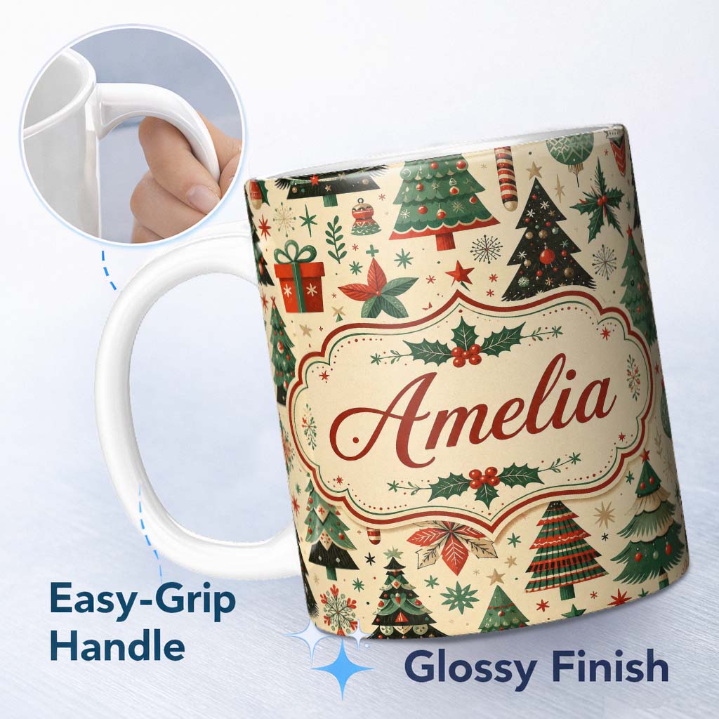 Personalized Custom Name Modern Christmas Trees Gifts Stars Ornaments Festive Seamless Lovely 11oz Ceramic Coffee Tea Mug White Large Handle