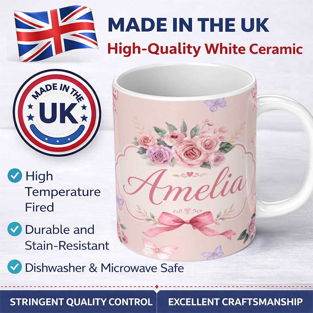 Personalized Custom Name Elegant Watercolor Rose Bouquet Ribbon Butterfly Pink Background 11oz Ceramic Coffee Tea Mug White Large Handle