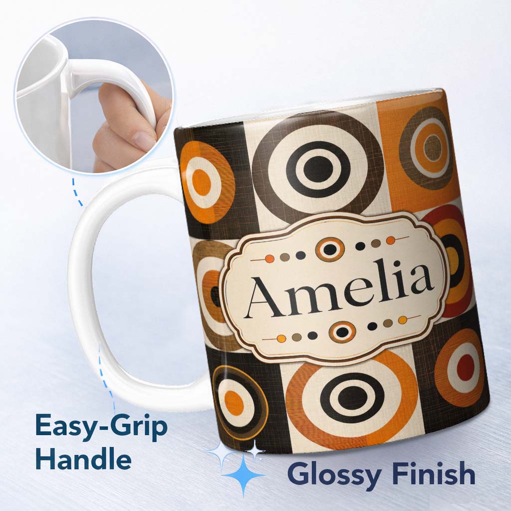 Personalized Custom Name Concentric Circle Pattern in Orange Brown and Cream Cute Unique Gift 11oz Ceramic Coffee Tea Mug White Large Handle