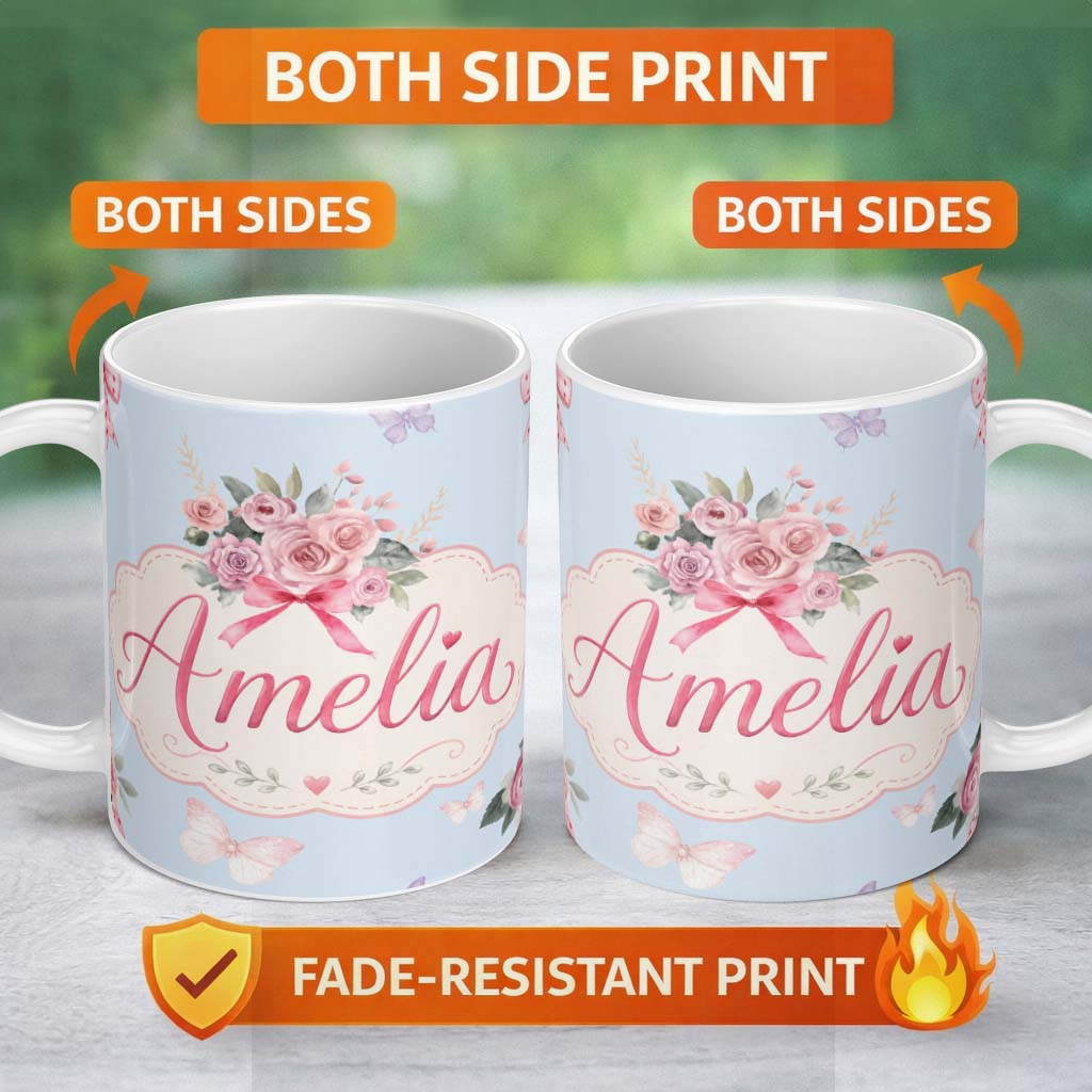 Personalized Custom Name Cute Watercolor Floral Roses with Red Ribbon and Butterflies Blue 11oz Ceramic Coffee Tea Mug White Large Handle