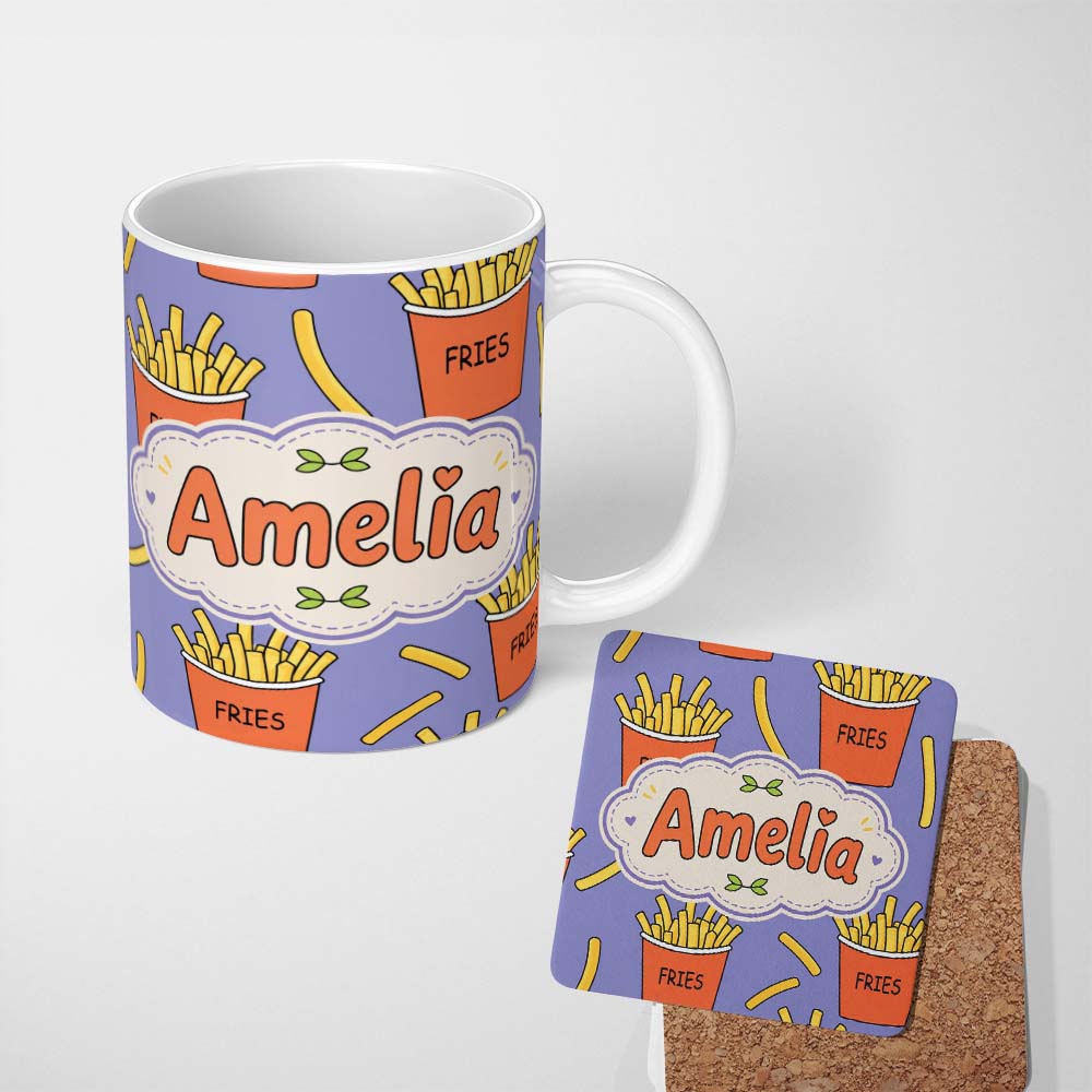 Personalized Custom Name Cute French Fries Cartoon Snack Food Purple Background Seamless 11oz Ceramic Coffee Tea Mug White Large Handle