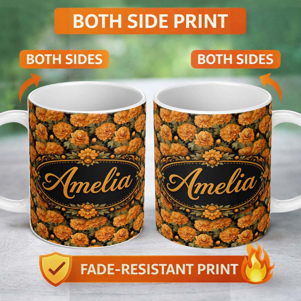 Personalized Custom Name Orange Chrysanthemum Floral on Black Background with Detailed Petals 11oz Ceramic Coffee Tea Mug White Large Handle