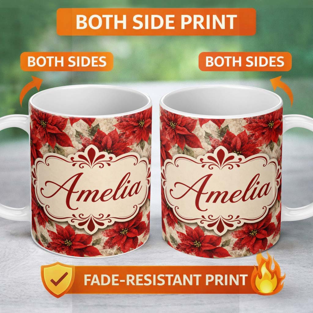 Personalized Custom Name Watercolour Red Poinsettia and Leaves Soft Festive Seamless Pattern 11oz Ceramic Coffee Tea Mug White Large Handle