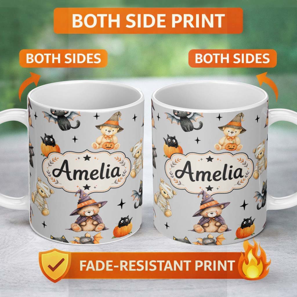 Personalized Custom Name Cute Halloween Teddy Bears Mummy Witch Cat Pumpkin Stars Grey 11oz Ceramic Coffee Tea Mug White Large Handle