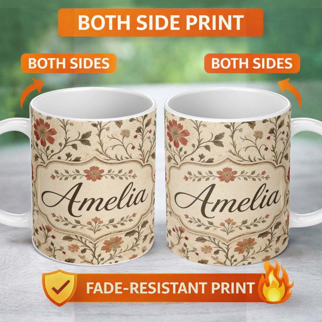 Personalized Custom Name Elegant Botanical Vine Floral Neutral Tone Seamless Pattern Lovely 11oz Ceramic Coffee Tea Mug White Large Handle