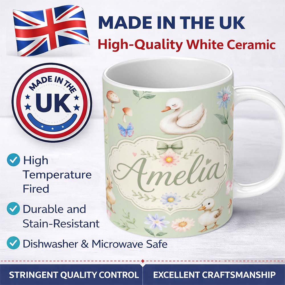 Personalized Custom Name Swan and Ducklings with Flowers Mushrooms Soft Sage Seamless 11oz Ceramic Coffee Tea Mug White Large Handle