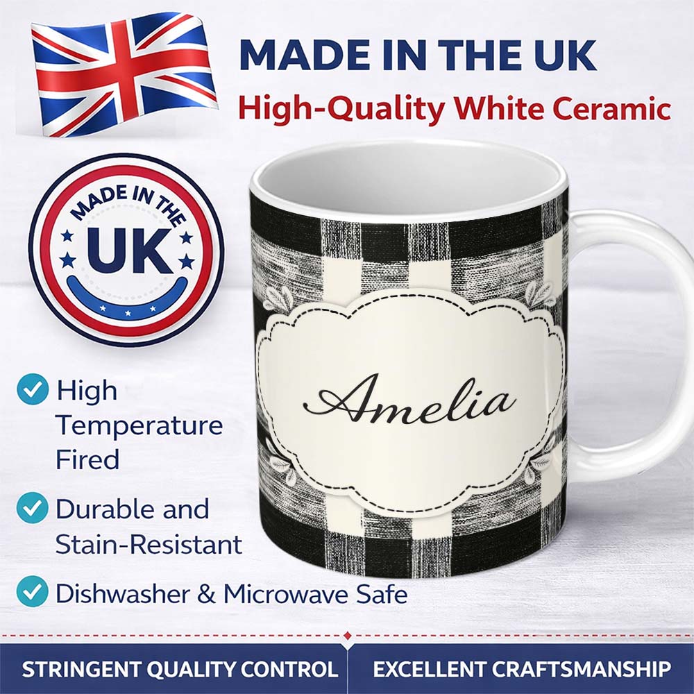 Personalized Custom Name Textured Brush Check Black Cream Abstract Grid Pattern Lovely 11oz Ceramic Coffee Tea Mug White Large Handle