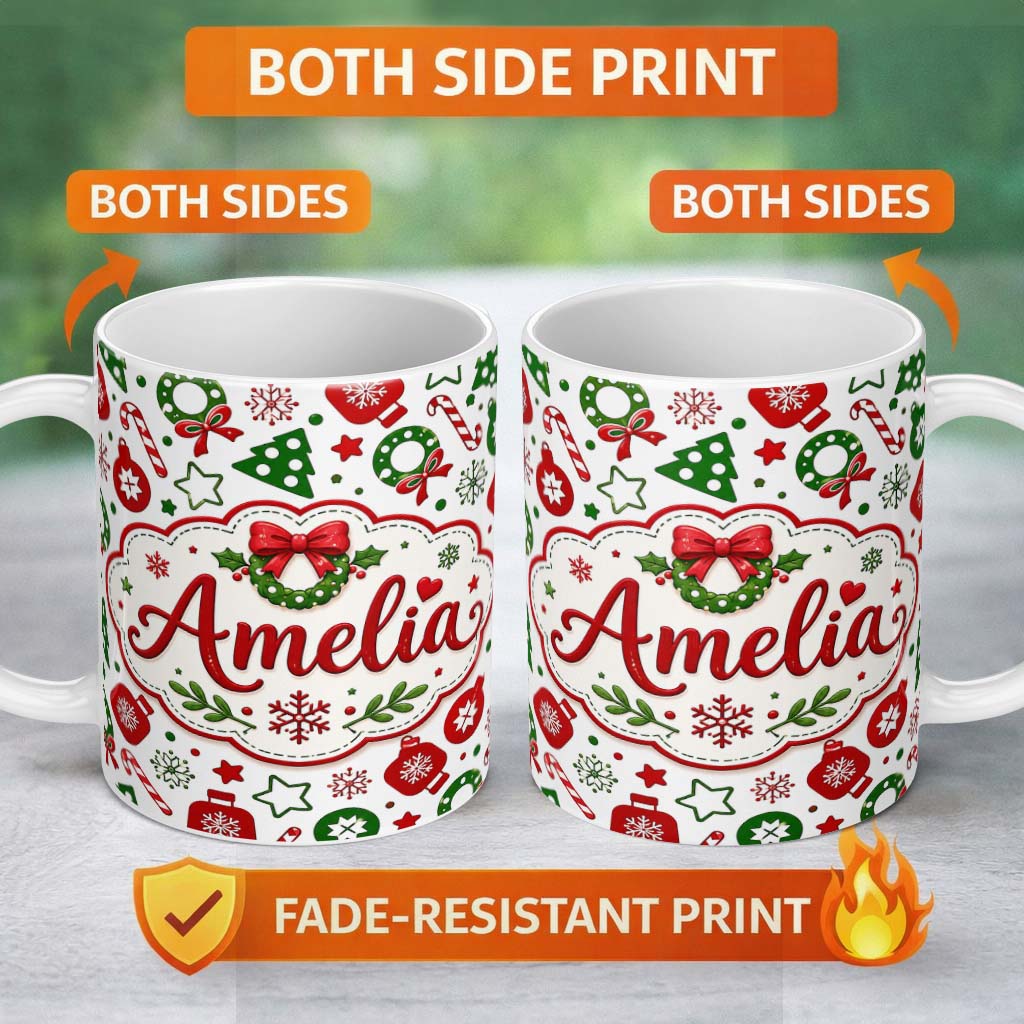 Personalized Custom Name Cute Christmas Ornaments Candy Cane Tree Wreath Seamless Pattern 11oz Ceramic Coffee Tea Mug White Large Handle