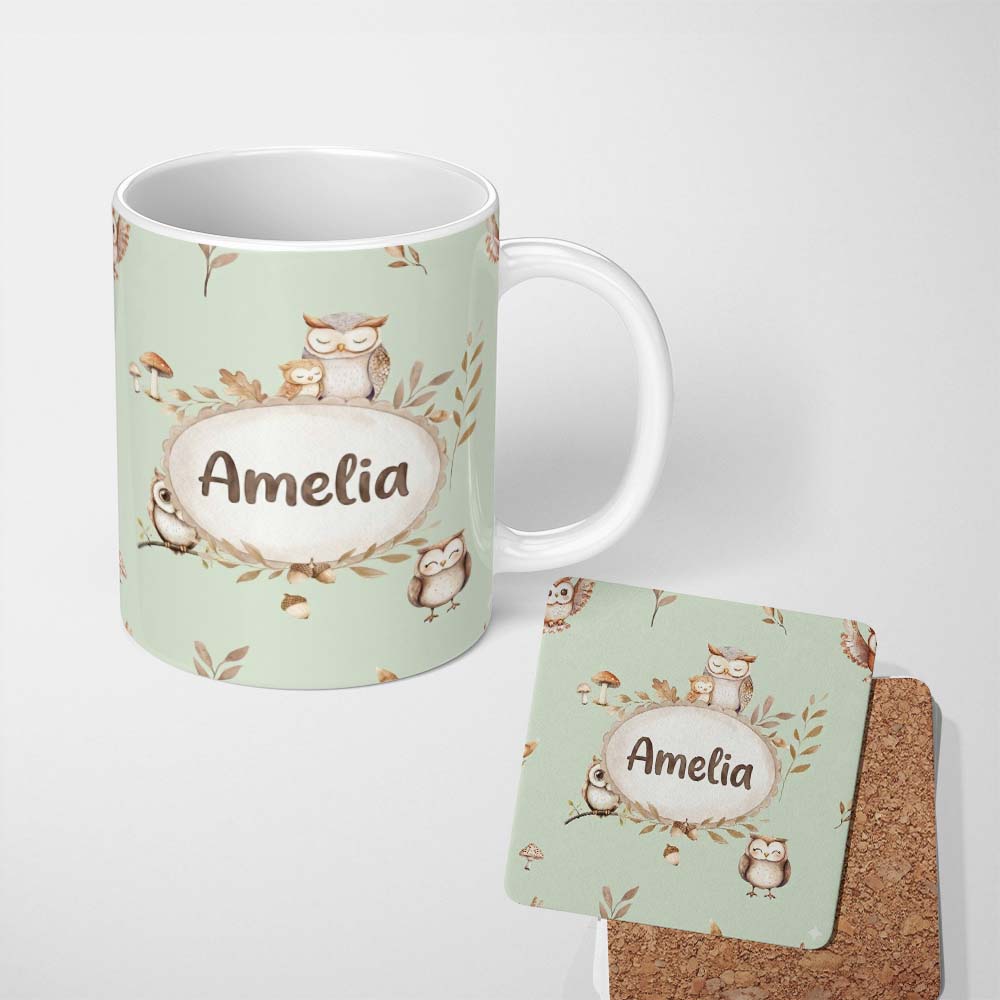 Personalized Custom Name Woodland Owls with Mushrooms Leaves Soft Sage Green Seamless 11oz Ceramic Coffee Tea Mug White Large Handle