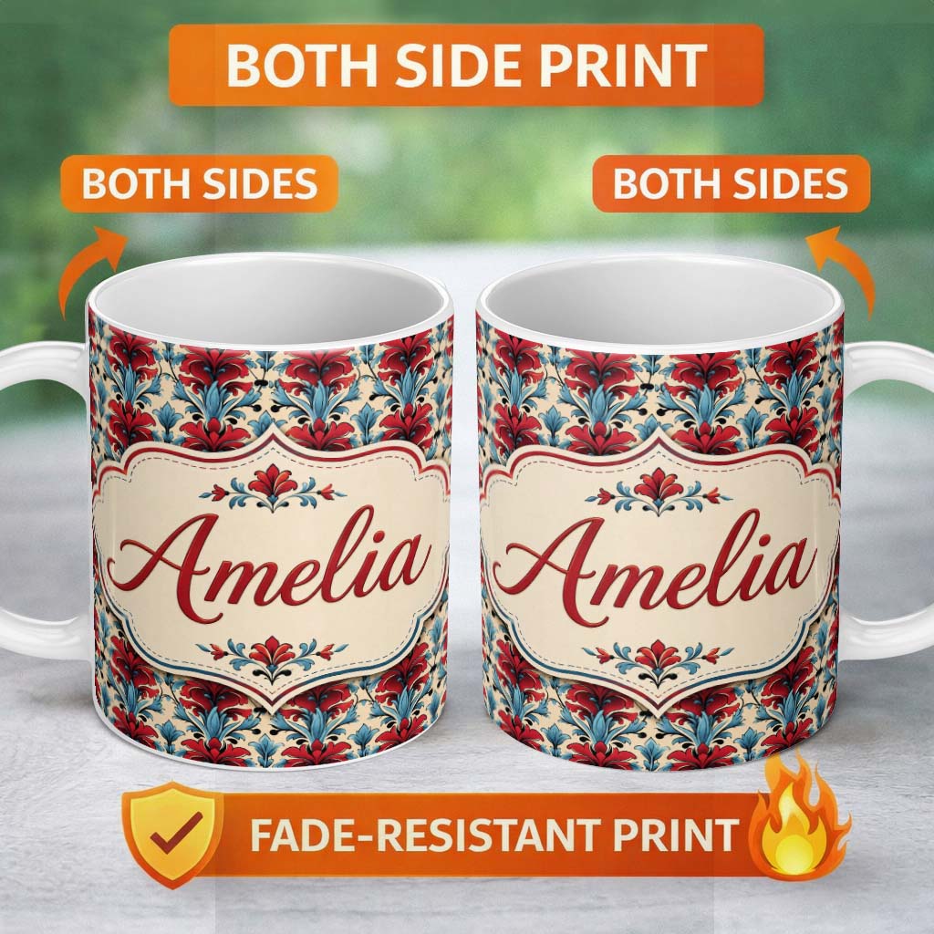 Personalized Custom Name Rich Red Lily Floral Garden Seamless Pattern Cute Unique Gift Lovely 11oz Ceramic Coffee Tea Mug White Large Handle