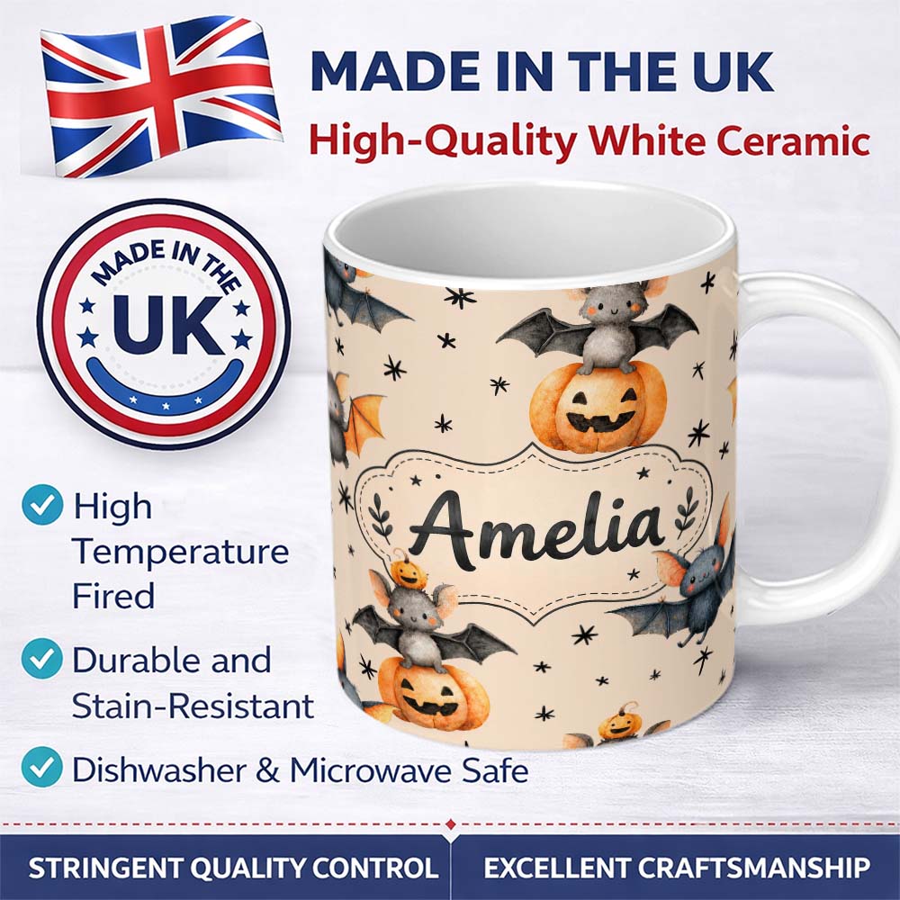 Personalized Custom Name Cute Halloween Bats Sitting on Pumpkins with Stars Beige Background 11oz Ceramic Coffee Tea Mug White Large Handle