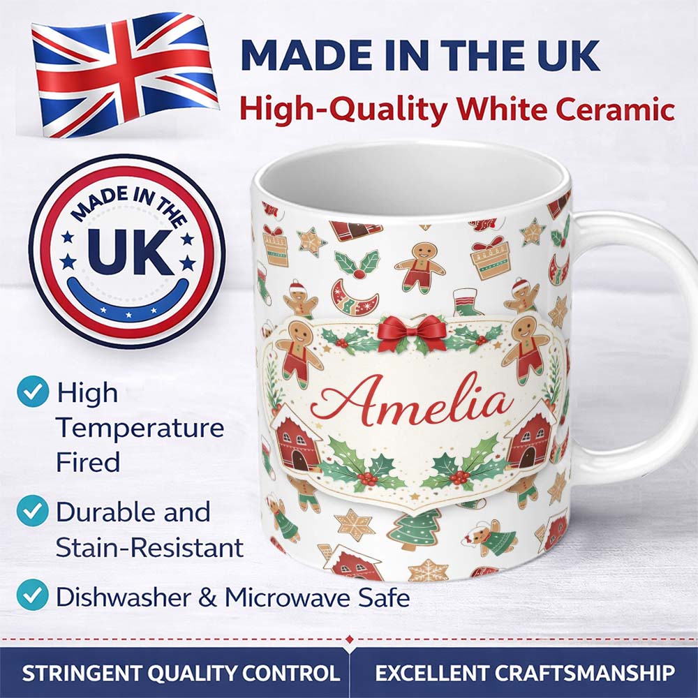 Personalized Custom Name Gingerbread Christmas Cookie Pattern Cute Holiday Seamless Design 11oz Ceramic Coffee Tea Mug White Large Handle