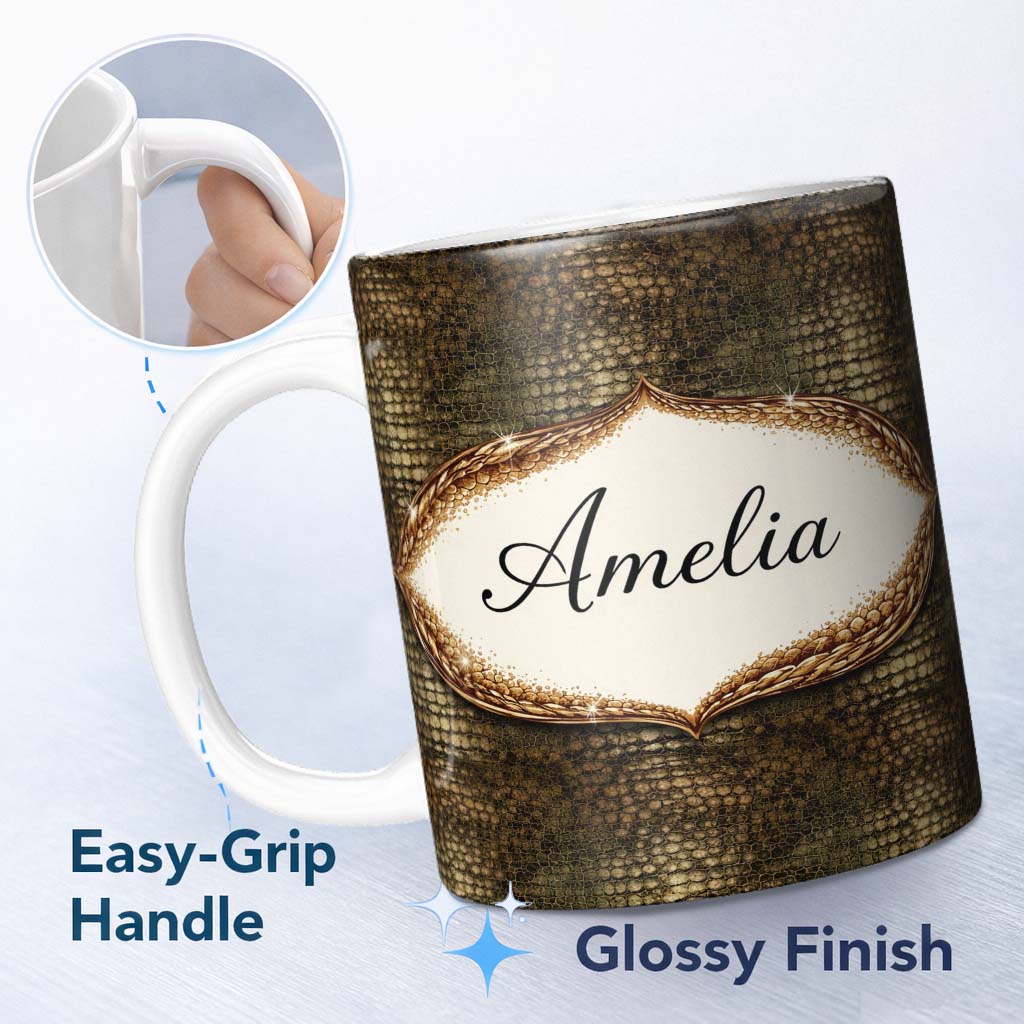 Personalized Custom Name Deep Teal Crocodile Texture Pattern Realistic Exotic Skin Design 11oz Ceramic Coffee Tea Mug White Large Handle