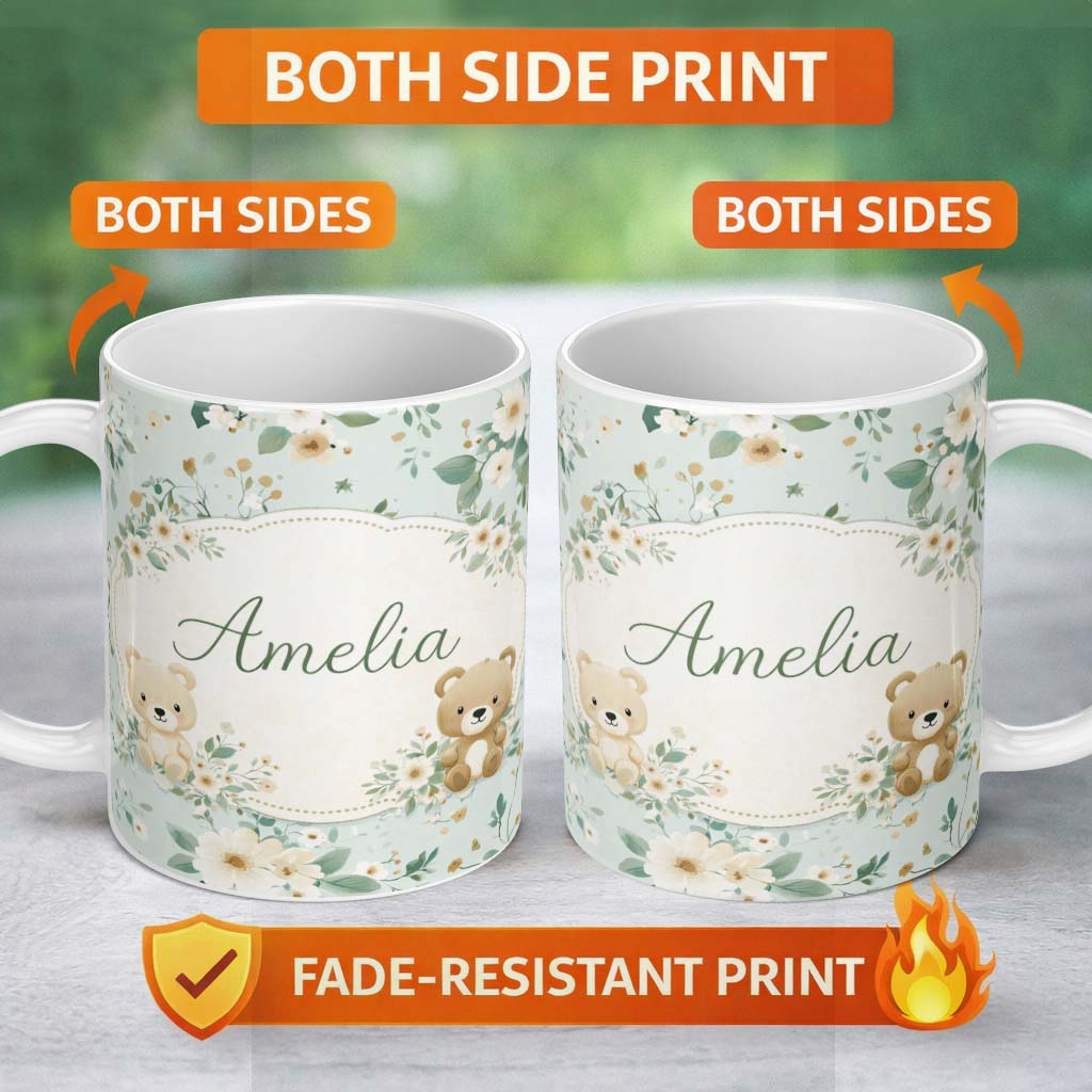 Personalized Custom Name Teddy Bear Floral Nursery Pattern Blue Background Seamless Lovely 11oz Ceramic Coffee Tea Mug White Large Handle