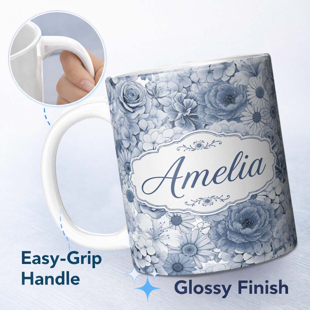 Personalized Custom Name Soft Blue Toned Floral Bouquet Seamless Pattern with Roses Peonies 11oz Ceramic Coffee Tea Mug White Large Handle