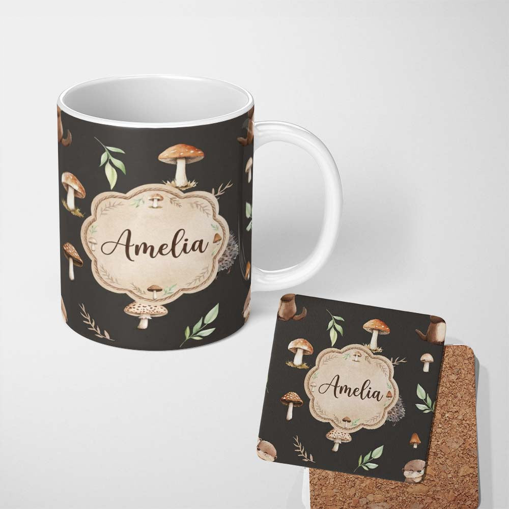 Personalized Custom Name Woodland Hedgehogs with Mushrooms Leaves Dark Brown Seamless 11oz Ceramic Coffee Tea Mug White Large Handle