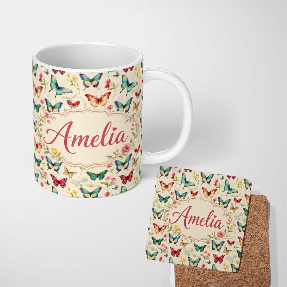 Personalized Custom Name Elegant Vintage Butterflies with Floral Garden Elements Seamless 11oz Ceramic Coffee Tea Mug White Large Handle