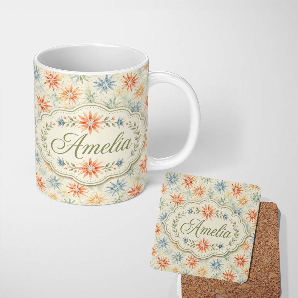 Personalized Custom Name Multicolor Starburst Floral Watercolor Seamless Pattern Lovely 11oz Ceramic Coffee Tea Mug White Large Handle
