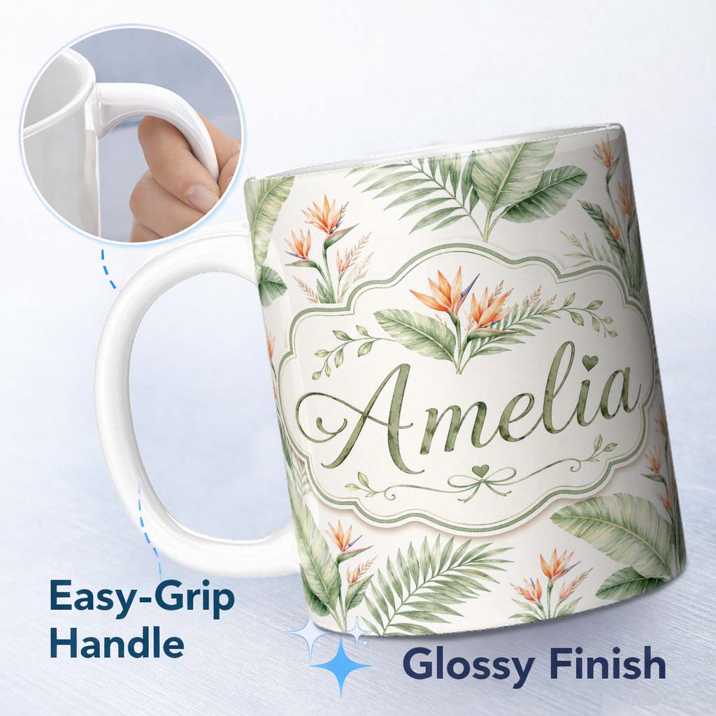 Personalized Custom Name Watercolor Tropical Banana Leaves and Bird of Paradise Floral Lovely 11oz Ceramic Coffee Tea Mug White Large Handle
