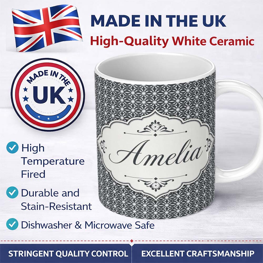 Personalized Custom Name Modern Grey Geometric Flower Lattice Pattern Symmetrical Seamless 11oz Ceramic Coffee Tea Mug White Large Handle