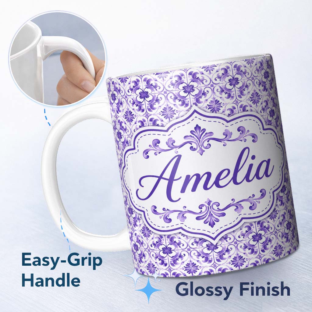 Personalized Custom Name Purple Ornamental Tile Floral Seamless Pattern Beautiful Coffee Cup 11oz Ceramic Coffee Tea Mug White Large Handle