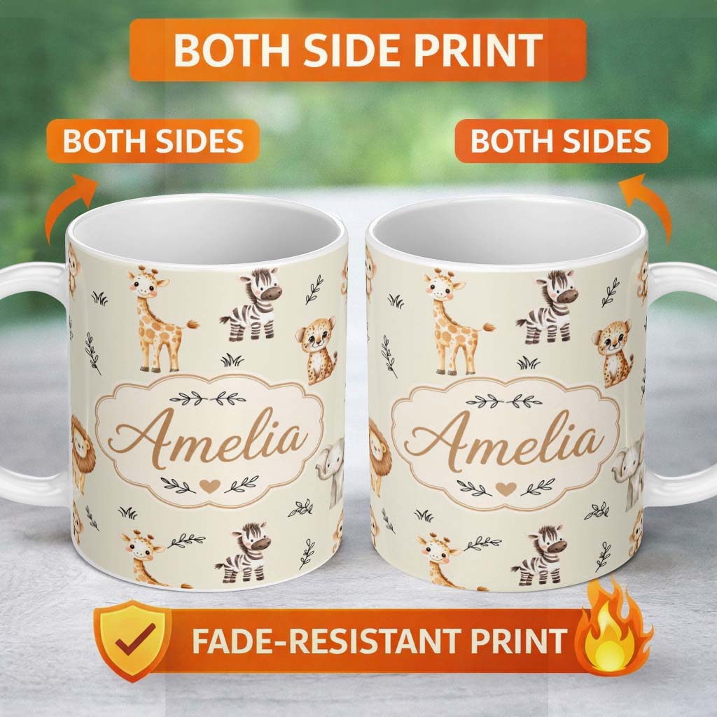 Personalized Custom Name Safari Animals with Elephant Lion and Leopard Cub on Soft Sage 11oz Ceramic Coffee Tea Mug White Large Handle