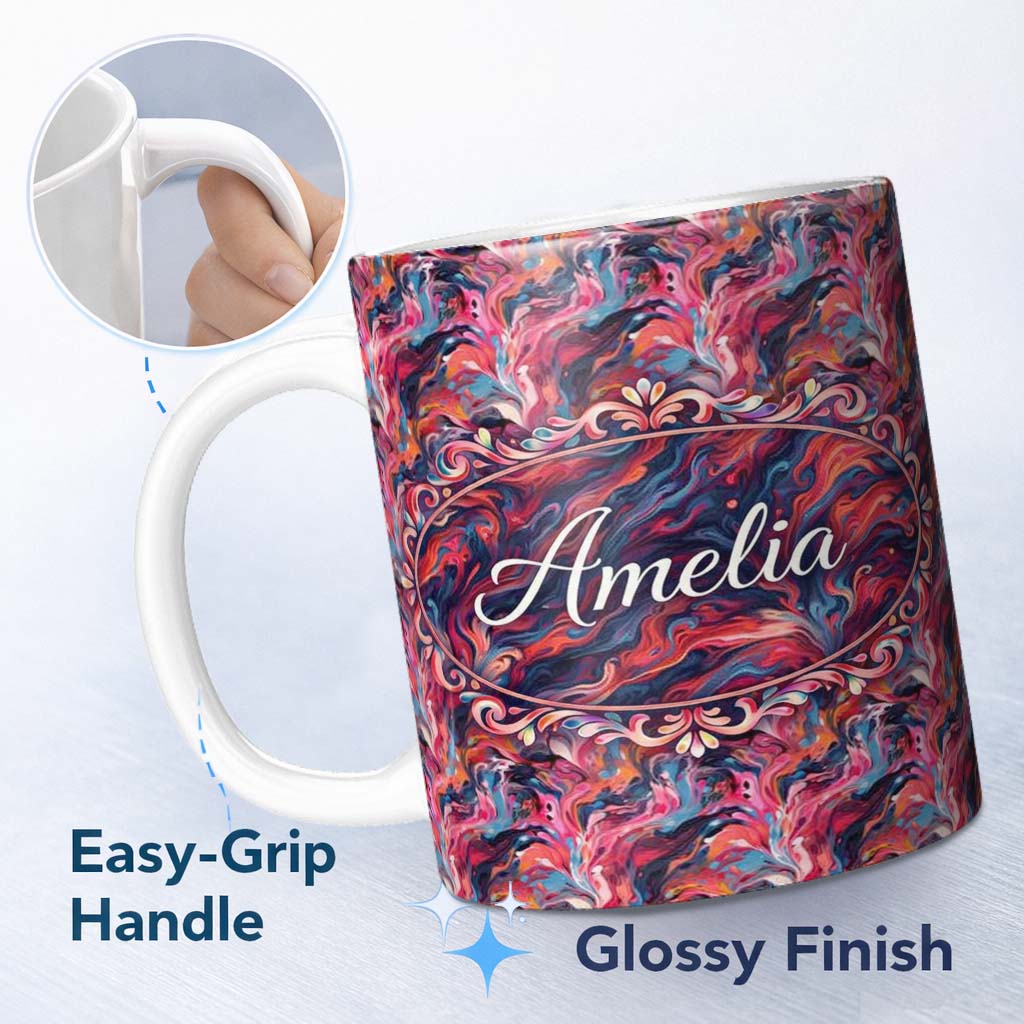 Personalized Custom Name Vibrant Fluid Marble Swirl Abstract Pattern Pink Blue Orange Lovely 11oz Ceramic Coffee Tea Mug White Large Handle