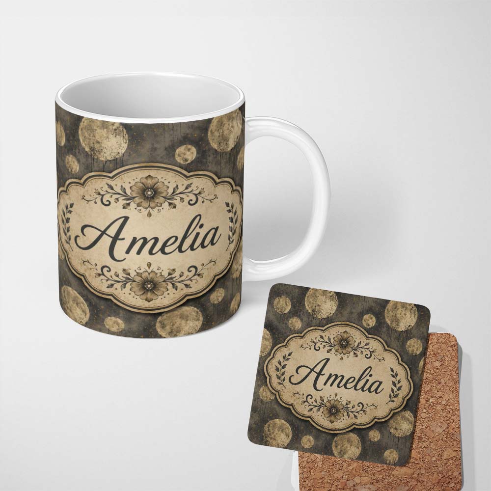 Personalized Custom Name Neutral Moon Circle Seamless Pattern Abstract Earth Tone Grunge 11oz Ceramic Coffee Tea Mug White Large Handle