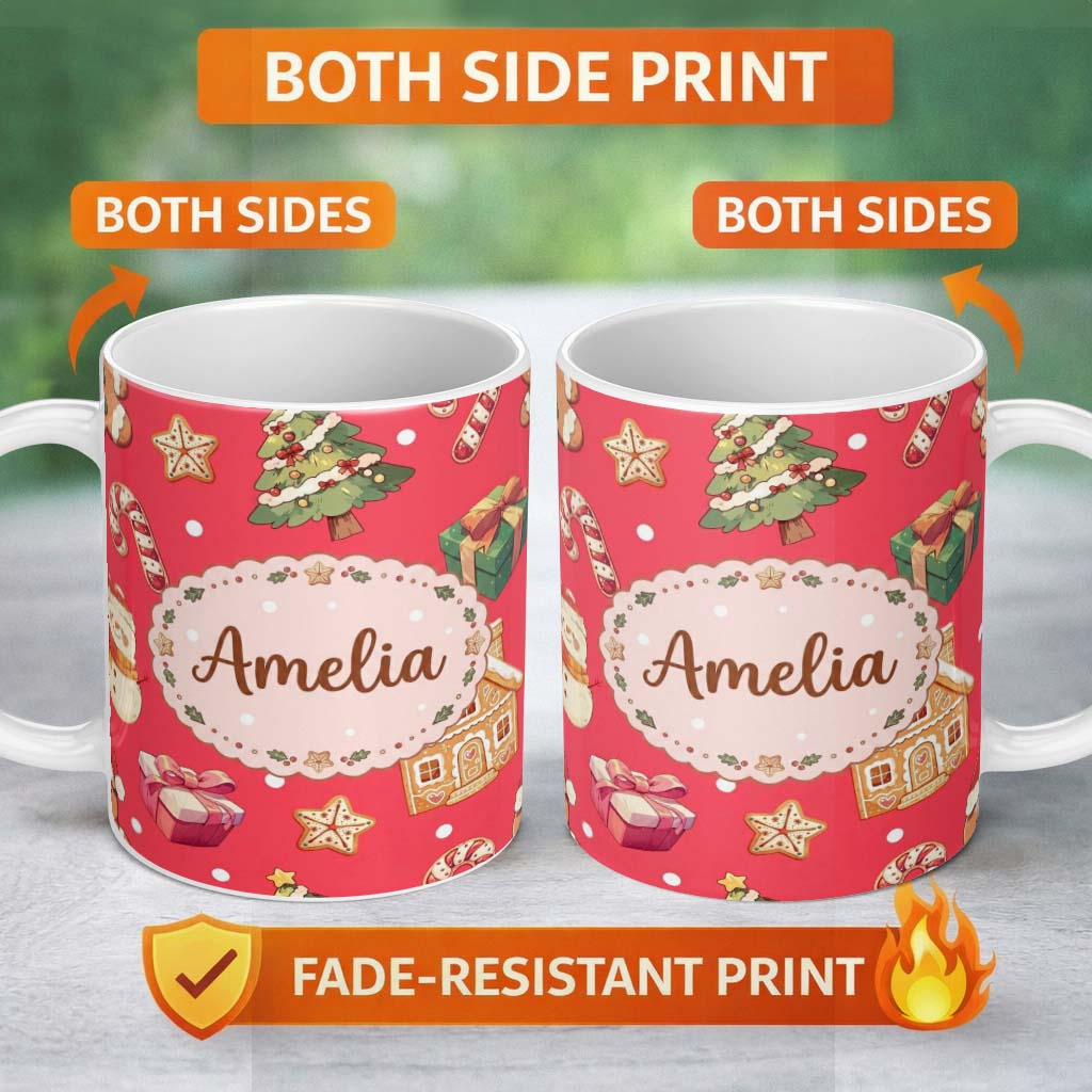 Personalized Custom Name Cute Gingerbread Man Christmas Tree Candy Cane Holiday Pattern Red 11oz Ceramic Coffee Tea Mug White Large Handle