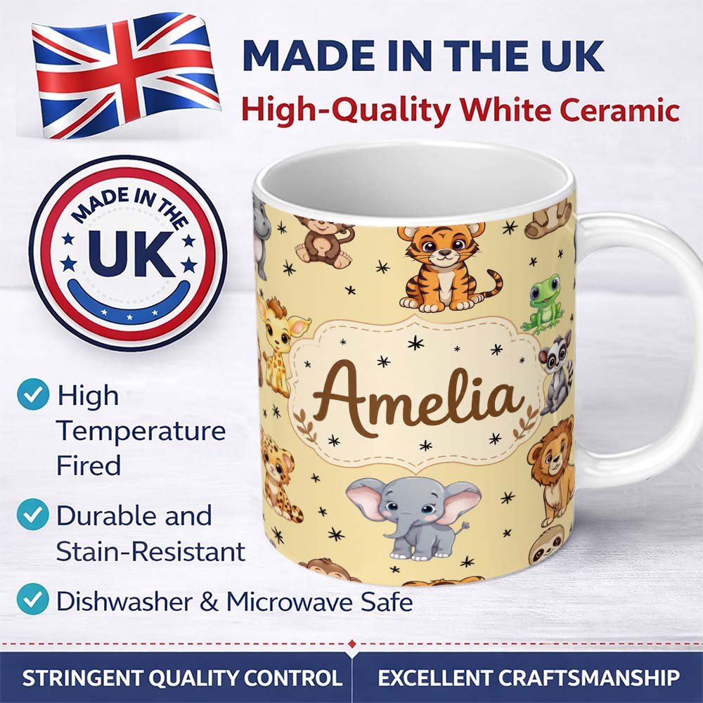 Personalized Custom Name Cute Jungle Baby Animals Lion Tiger Elephant Giraffe Pattern Beige 11oz Ceramic Coffee Tea Mug White Large Handle