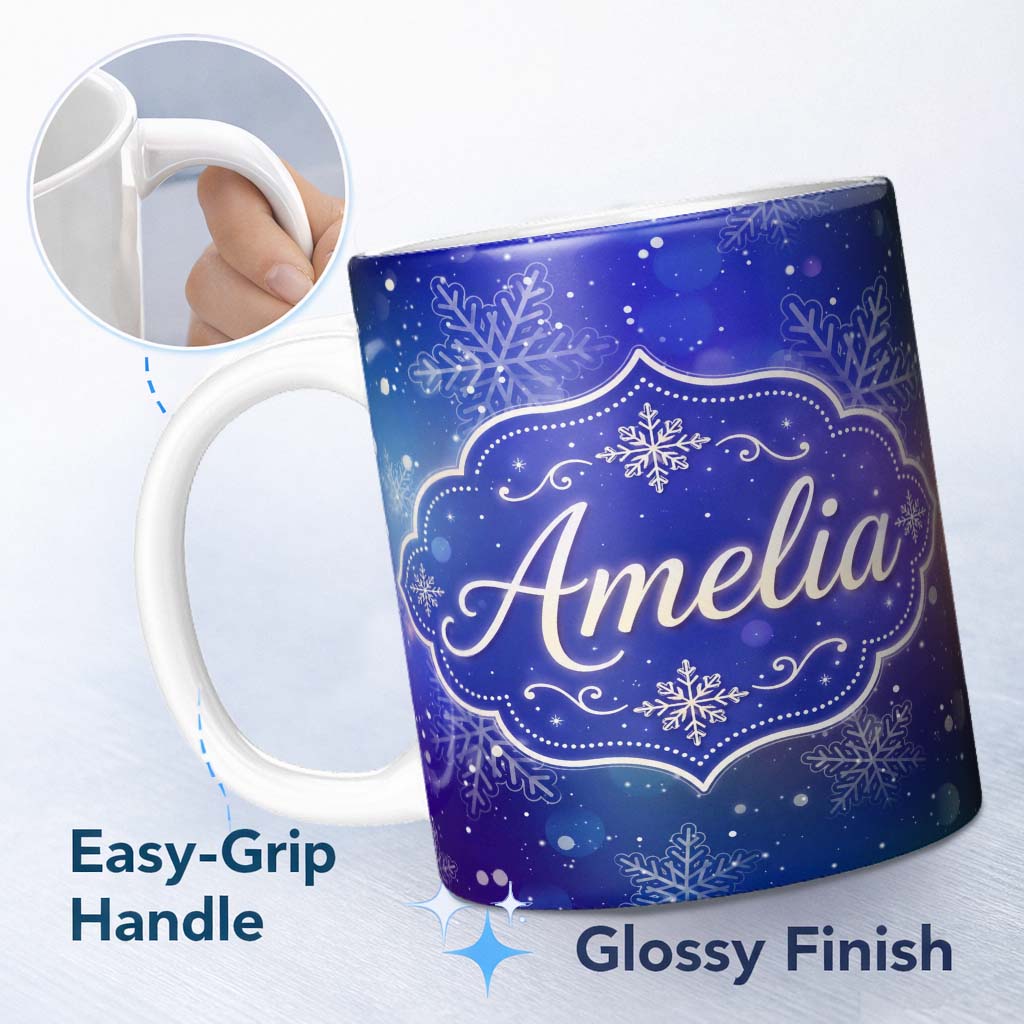 Personalized Custom Name Snowflake Bokeh Winter Seamless Pattern Design Soft Glow Lovely 11oz Ceramic Coffee Tea Mug White Large Handle