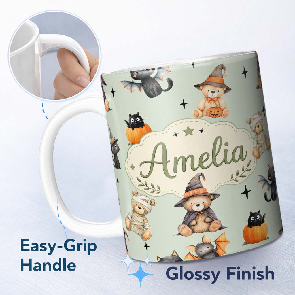 Personalized Custom Name Cute Halloween Teddy Bears Mummy Witch Cat Pumpkin Stars Sage 11oz Ceramic Coffee Tea Mug White Large Handle