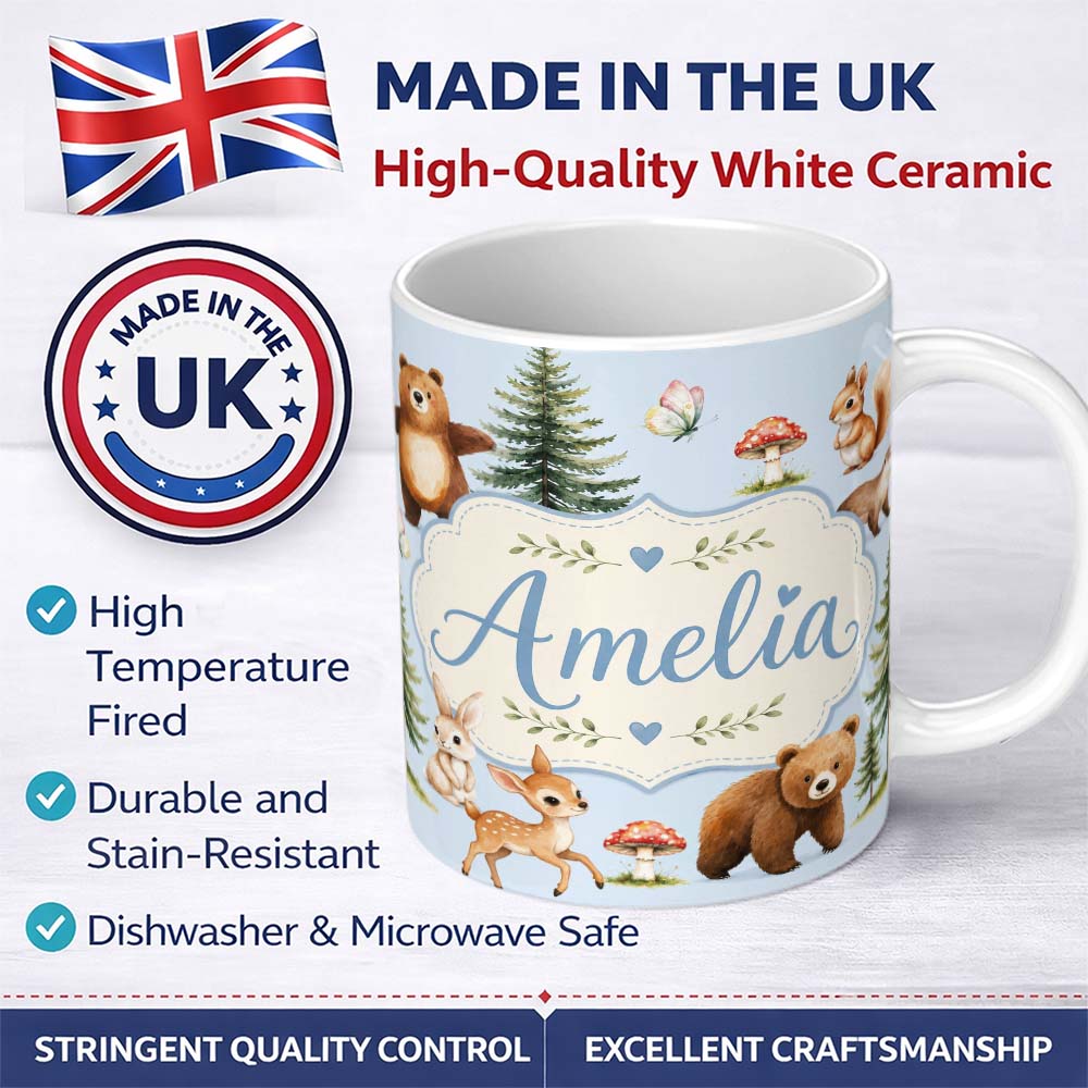 Personalized Custom Name Bear Bunny Squirrel Trees Mushrooms Butterfly Soft Blue Seamless 11oz Ceramic Coffee Tea Mug White Large Handle