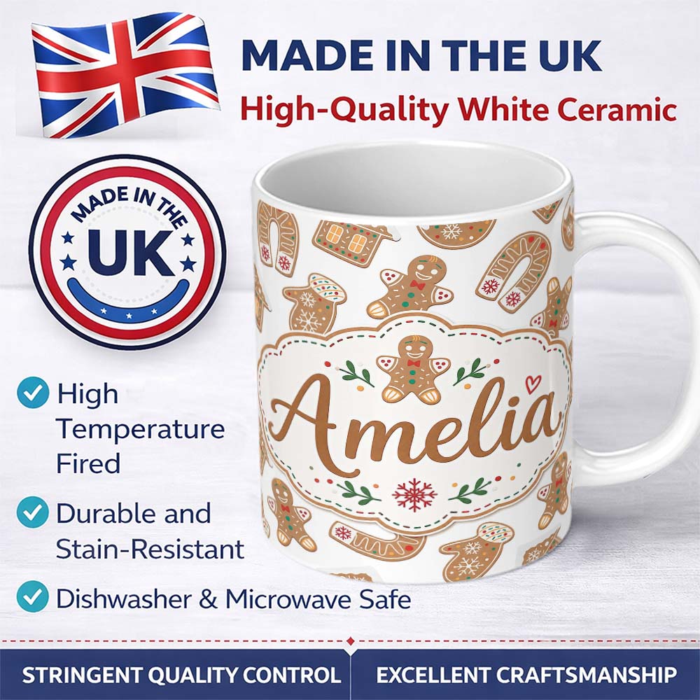 Personalized Custom Name Cute Gingerbread Cookies Mittens Houses Seamless Pattern Lovely 11oz Ceramic Coffee Tea Mug White Large Handle
