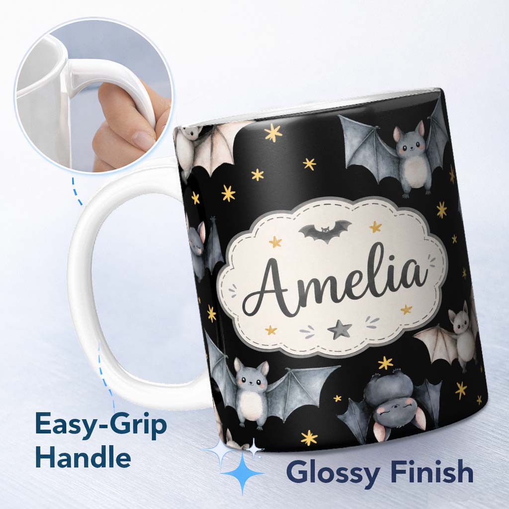 Personalized Custom Name Cute Halloween Bats Flying Yellow Stars Night Sky Seamless Pattern 11oz Ceramic Coffee Tea Mug White Large Handle