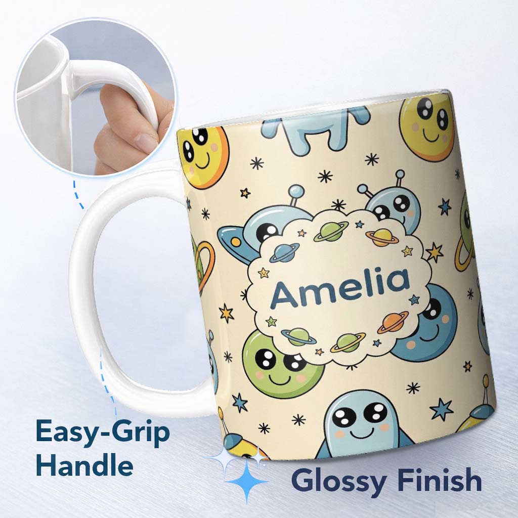 Personalized Custom Name Cute Space Aliens Planets Stars Galaxy Fun Seamless Pattern Lovely 11oz Ceramic Coffee Tea Mug White Large Handle
