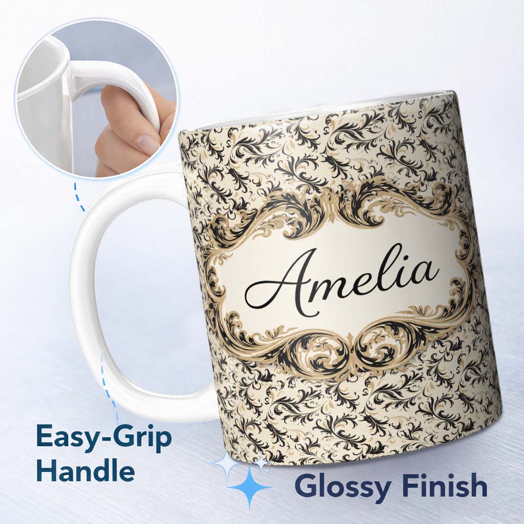 Personalized Custom Name Black Gold Elegant Damask Seamless Pattern Luxury Ornamental Classic 11oz Ceramic Coffee Tea Mug White Large Handle