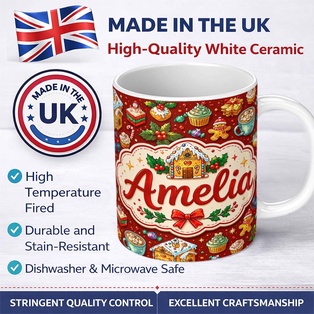 Personalized Custom Name Gingerbread House Cupcake Cocoa Holly Christmas Treats Seamless 11oz Ceramic Coffee Tea Mug White Large Handle