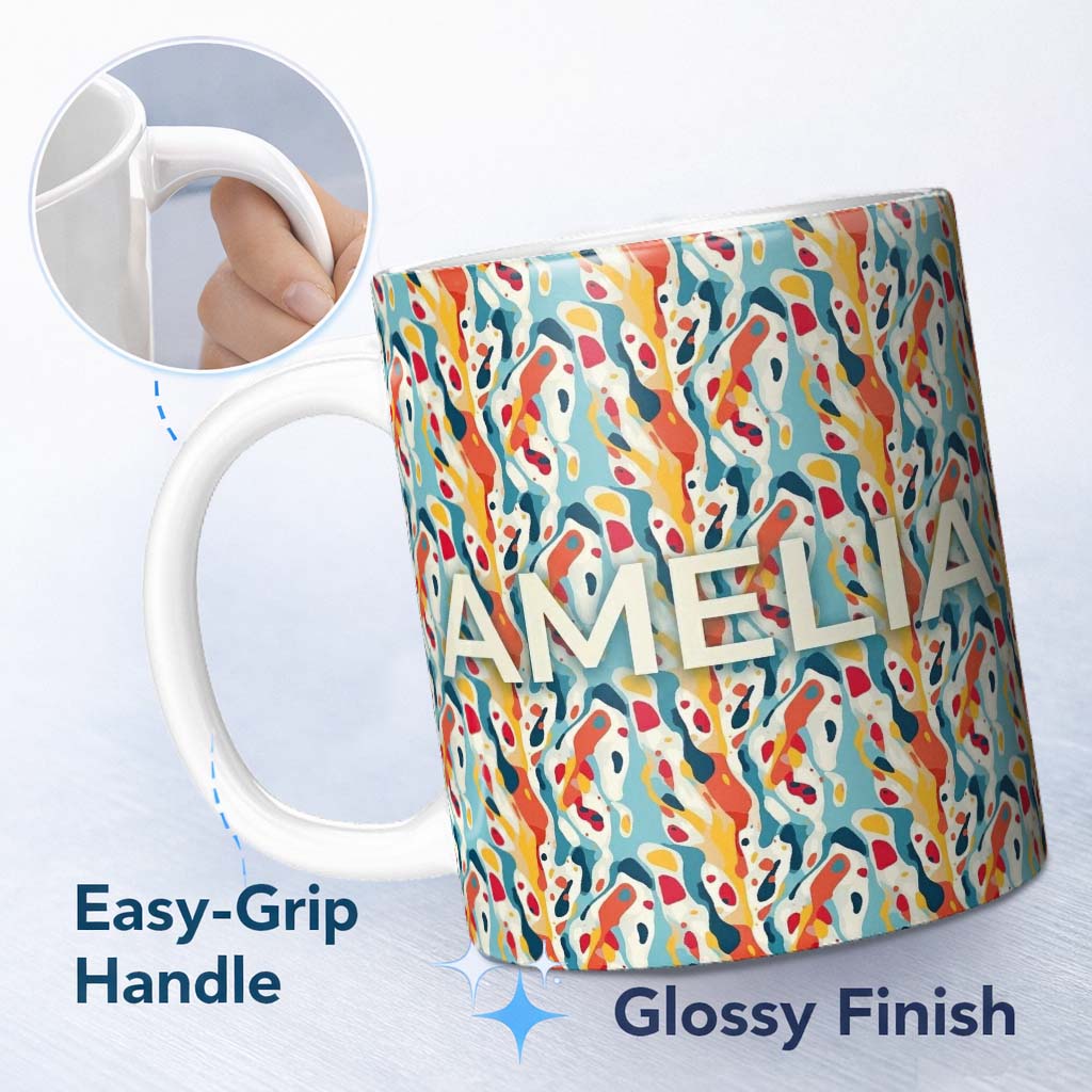 Personalized Custom Name Abstract Organic Shapes Pattern Modern Seamless Artistic Design 11oz Ceramic Coffee Tea Mug White Large Handle