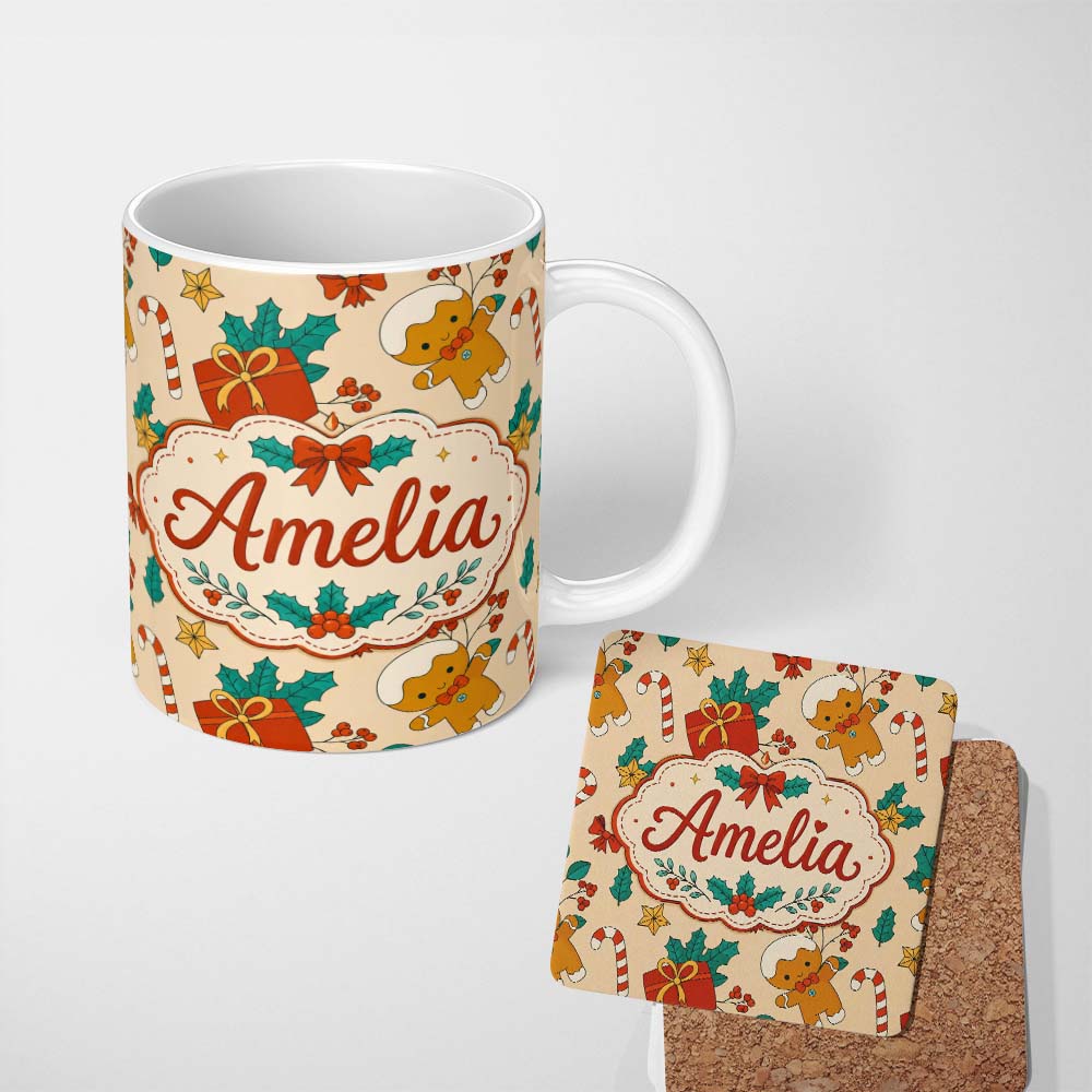 Personalized Custom Name Cute Gingerbread Candy Cane Holly Berry Seamless Pattern Lovely 11oz Ceramic Coffee Tea Mug White Large Handle