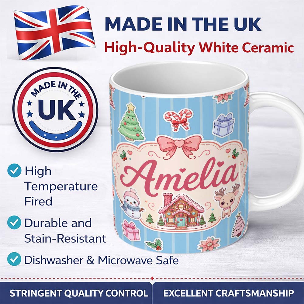 Personalized Custom Name Cute Christmas Festive Stickers Gingerbread House Tree Blue Stripe 11oz Ceramic Coffee Tea Mug White Large Handle