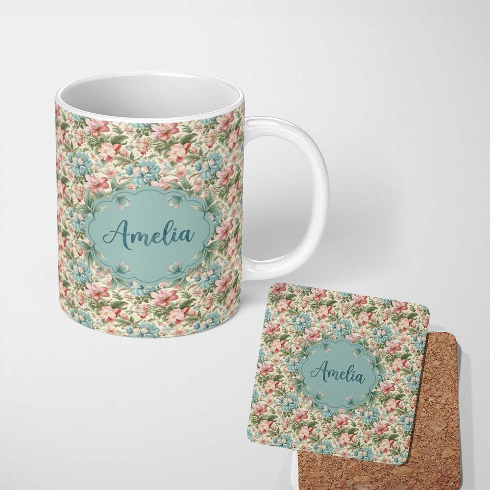 Personalized Custom Name Elegant Vintage Floral Bouquet Garden Seamless Pattern Design Lovely 11oz Ceramic Coffee Tea Mug White Large Handle