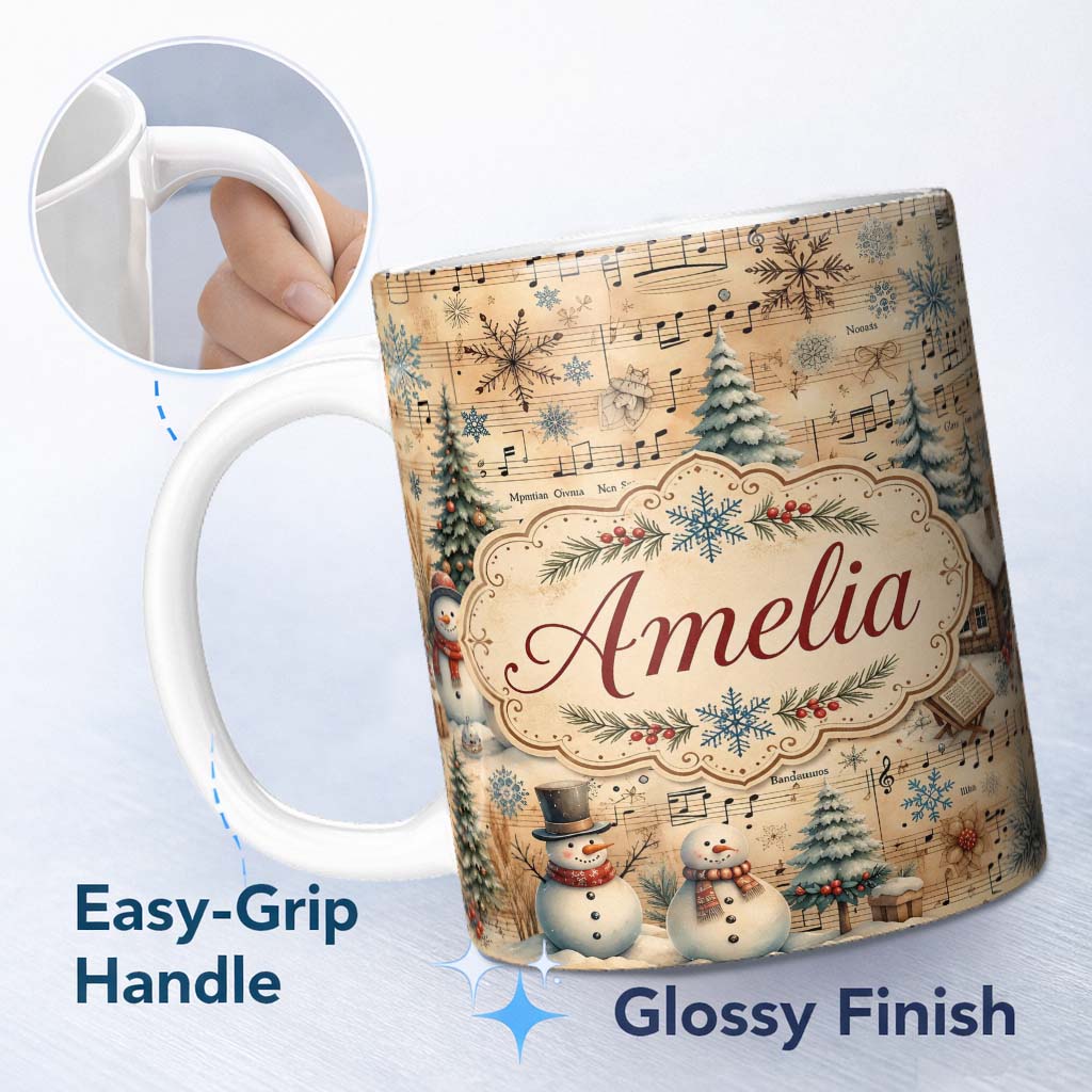 Personalized Custom Name Winter Snowman Christmas Trees Music Notes Seamless Pattern Lovely 11oz Ceramic Coffee Tea Mug White Large Handle