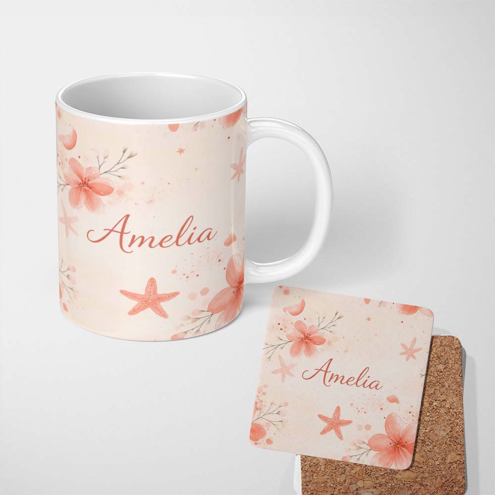 Personalized Custom Name Coral Starfish Ocean Floral Pattern Seamless Watercolour Coastal 11oz Ceramic Coffee Tea Mug White Large Handle