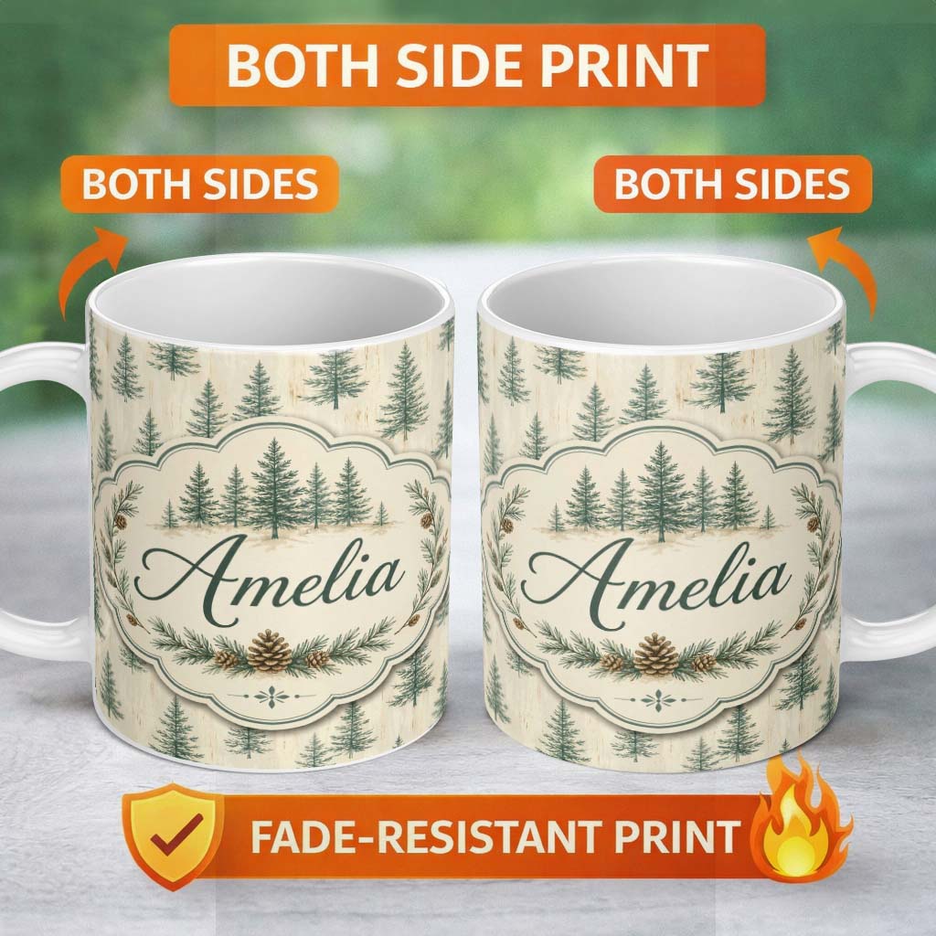 Personalized Custom Name Soft Green Pine Trees Rustic Wash Background Seamless Pattern Lovely 11oz Ceramic Coffee Tea Mug White Large Handle