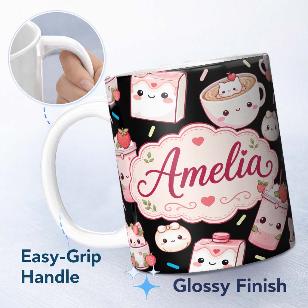 Personalized Custom Name Cute Kawaii Cute Drinks And Dessert Characters Seamless Pattern 11oz Ceramic Coffee Tea Mug White Large Handle