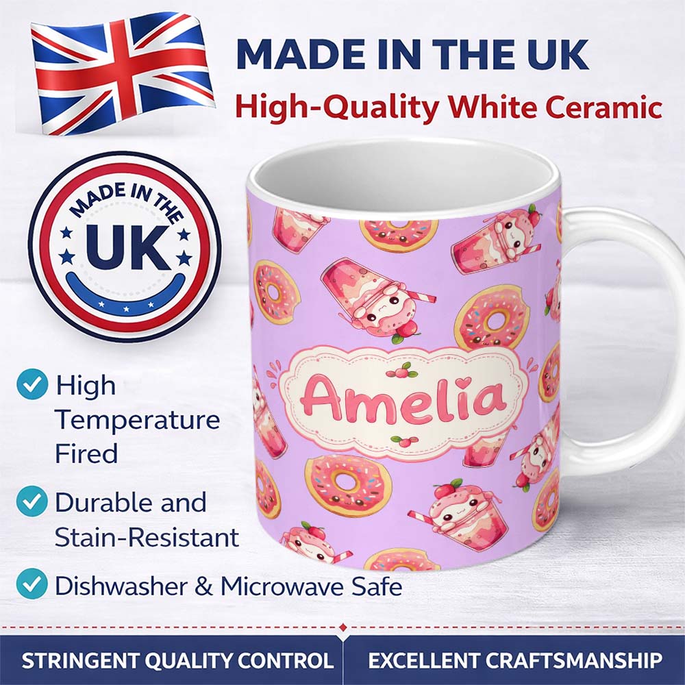 Personalized Custom Name Cute Kawaii Donuts and Strawberry Milkshake Purple Background 11oz Ceramic Coffee Tea Mug White Large Handle