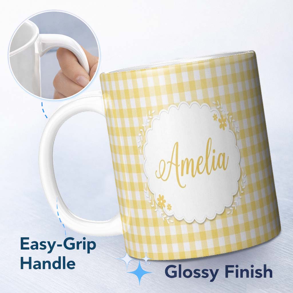 Personalized Custom Name Warm Yellow And White Gingham Check Seamless Pattern Classic Lovely 11oz Ceramic Coffee Tea Mug White Large Handle