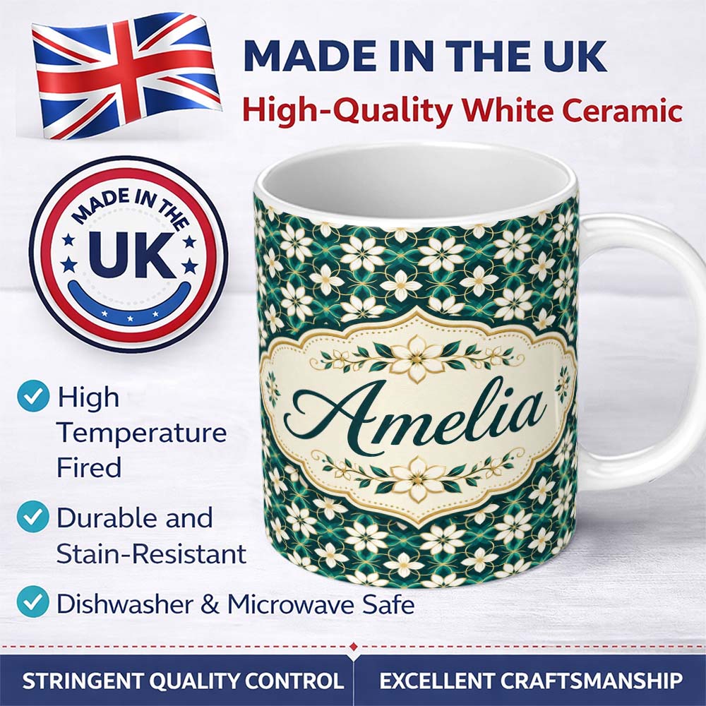 Personalized Custom Name Elegant White Floral Lattice on Teal Geometric Background Seamless 11oz Ceramic Coffee Tea Mug White Large Handle