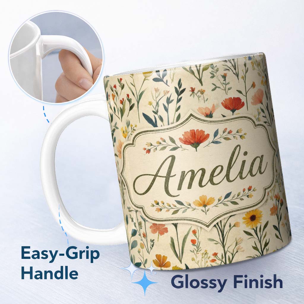 Personalized Custom Name Elegant Vintage Floral Sprigs on Neutral Background Seamless Pattern 11oz Ceramic Coffee Tea Mug White Large Handle